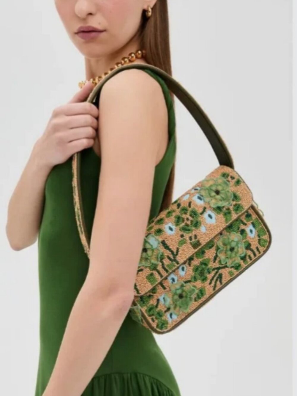 STAUD TOMMY BEADED MOSS FLORAL TAPESTRY SHOULDER BAG MSRP$395 Timeless Chic